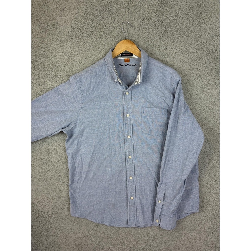 Tailor Vintage Shirt Mens XL Blue Chambray Long Sleeve Button Front Stretch Men